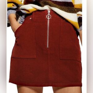 Topshop Women’s Rust Colored Zip Front Miniskirt Size 4 Corduroy